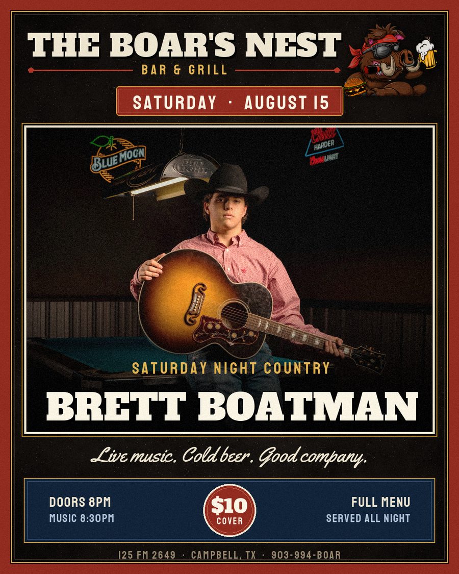 Brett Boatman live at The Boar's Nest, Saturday, August 15